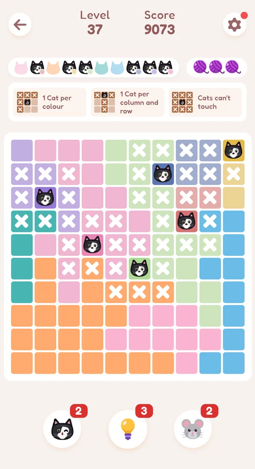 A 10 by 10 board of coloured tiles, part solved: six cats placed and the tiles around them crossed out. The three rule cards sit above the board and the helpers below it.