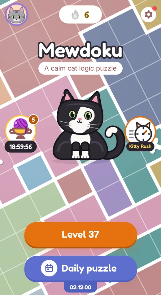 Mewdoku's home screen: the Mewdoku title above a tuxedo cat, with the Yarn Cup and Kitty Rush on either side and the Level 37 and Daily puzzle buttons below.